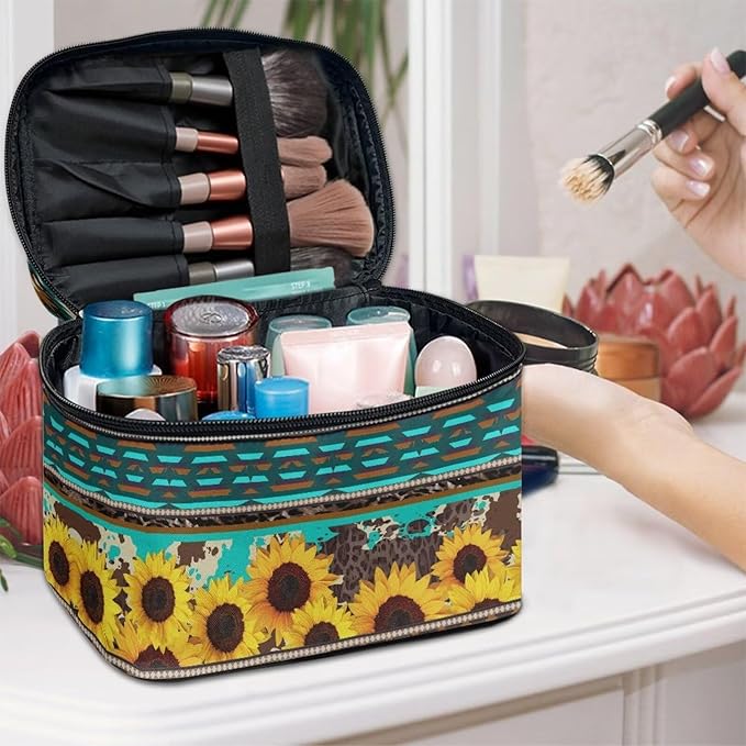 Drydeepin Western Aztec Sunflower Makeup Bag for Women Ladies Classic Cheetah Leopard Pattern Portable Cosmetic Bag with Zipper and Carry Handle Make Up Tote Bags Boho Tribal Toiletry Case Organizer