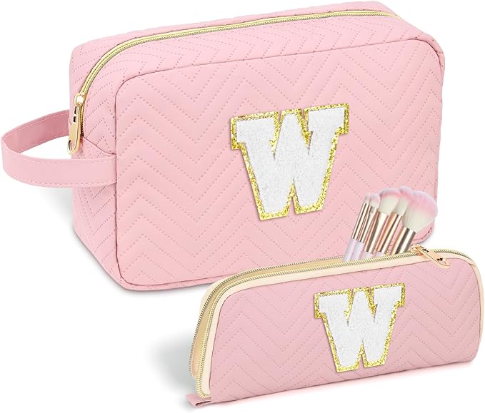 Sernaxi Personalized Initial Makeup Bag Waterproof Leather Cosmetic Bag Travel Toiletry Bag, Valentine’s Day Gift Makeup Organizer Case & Makeup Pouch for Women Teen Girls Mom Girlfriend Wife