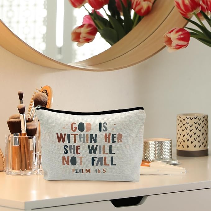 RYYCDOI God is Within Her She Will not Fall Cosmetic Bag, Christian Gifts for Women, Bible Verse Gifts, Christian Makeup Bag, Religious Gifts for Christian Woman Cosmetic Bag Toiletry Bag