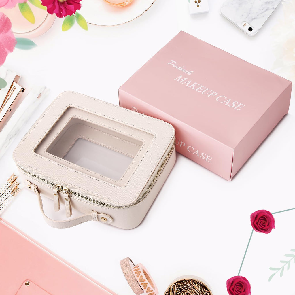 Pinkmik Clear Makeup Bag for Women Waterproof Travel Cosmetics and Toiletries Case Portable Makeup Oaganizer Bag Clear Car Bag with Zipper (Beige, M+L)