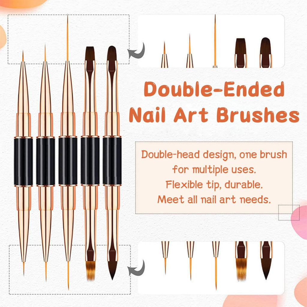 5Pcs Nail Art Bushes Set Double-Ended Professional Gel Polish Nail Art Design Painting Tools Nail Art Liner Brush (5/7/9/11/15/20mm) for Nails Detail, Long Lines, Ombre, Drawing(Black)