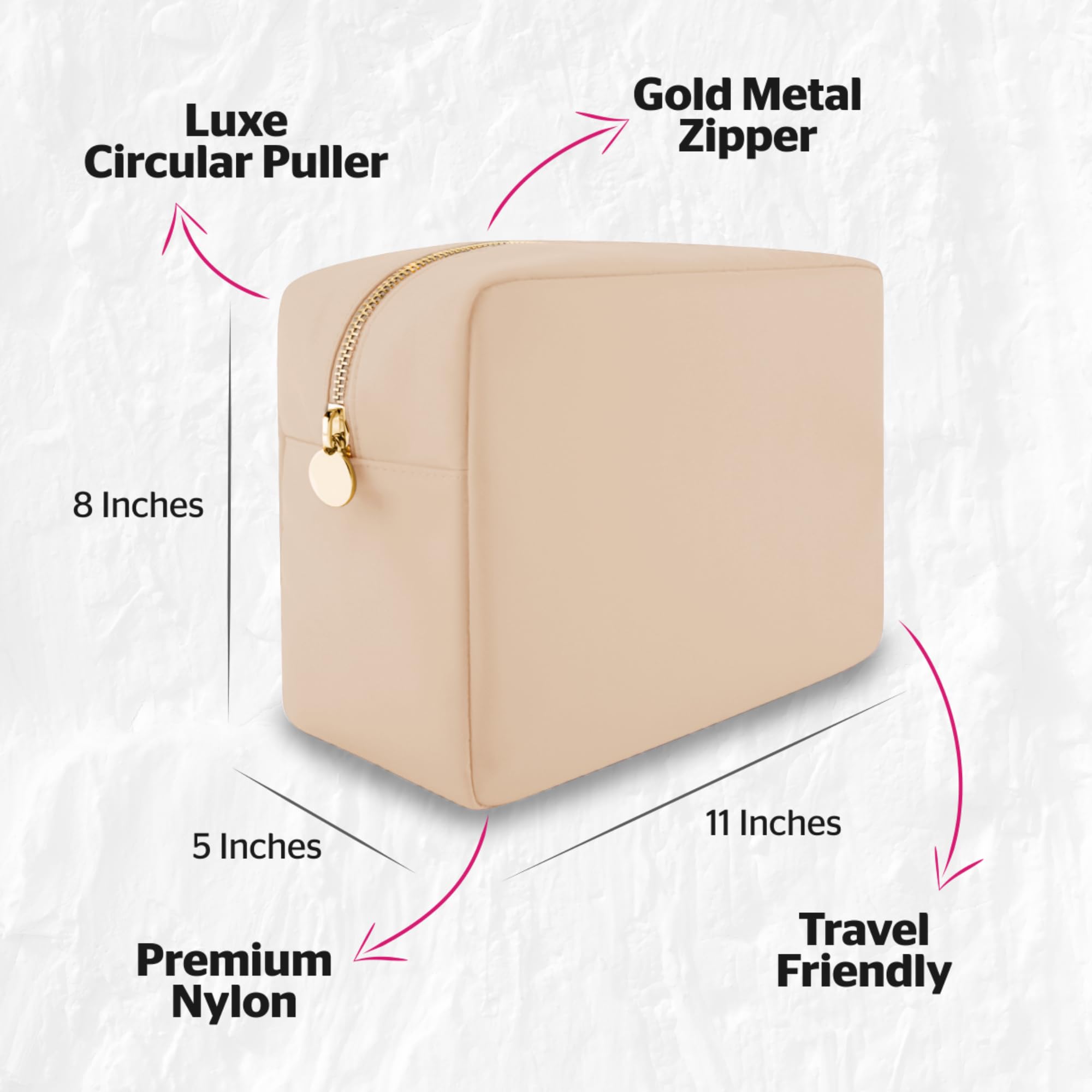 Large Beige Nylon Makeup Pouch - Cosmetic Travel Bag Organizer