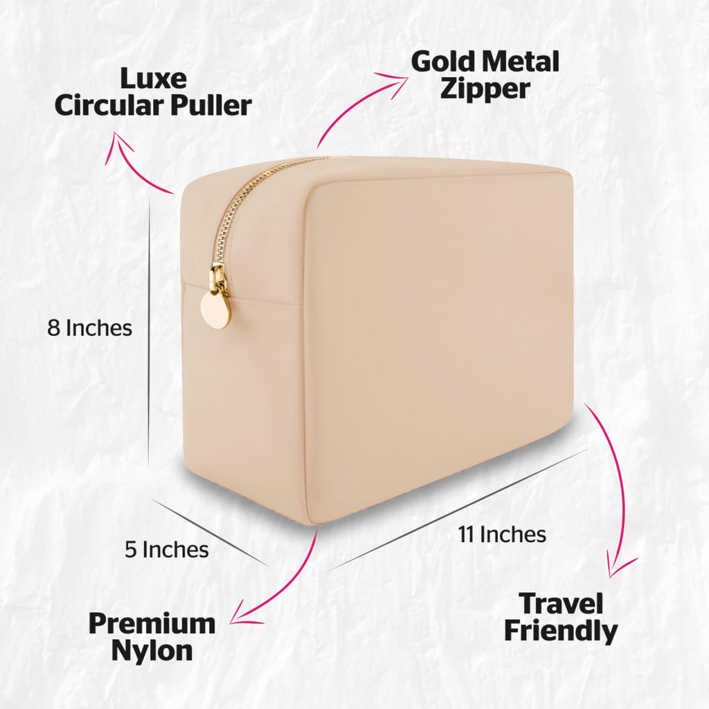 Large Beige Nylon Makeup Pouch - Cosmetic Travel Bag Organizer