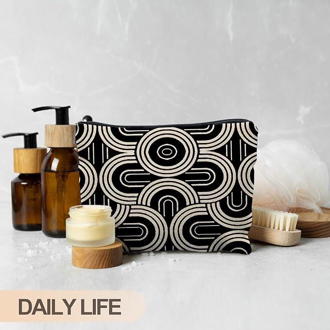 RYYCDOI Abstract Beige and Black Makeup Bag, Modern Minimalist Art Deco Cosmetic Bags for Women, Mid Century Modern Zipper Makeup Pouch