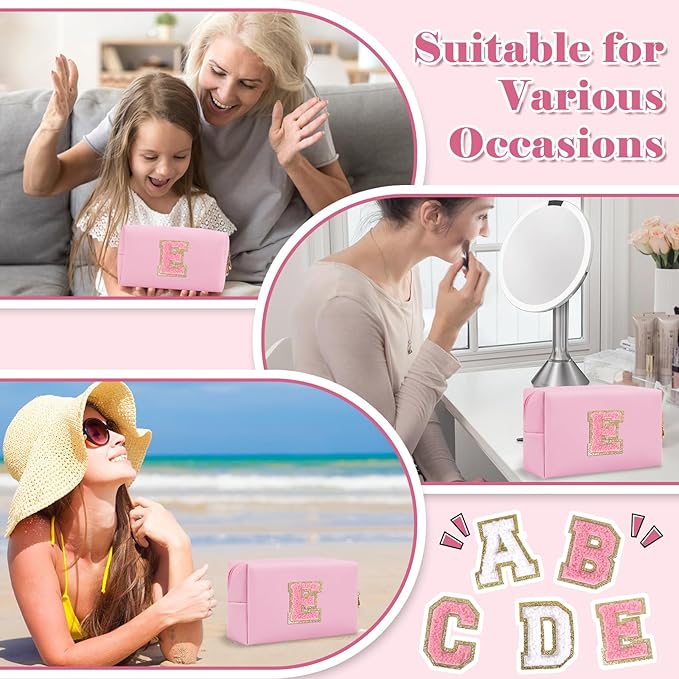 Personalized Initial A-Z Preppy Patch Makeup Bag,Small PU Leather Chenille Letter Cosmetic Bag with Zipper for Teen Girls,Pink Cute Travel Toiletry Bag,Birthday Monogrammed Gift for Daughter,Letter E