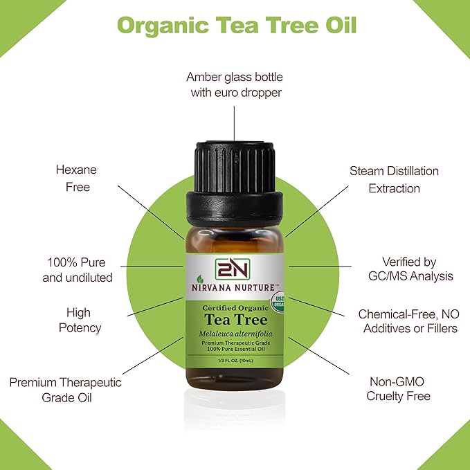 Nirvana Nurture Tea Tree Essential Oil, USDA Certified Organic, 100% Pure Undiluted, Aromatherapy Oil for Diffuser, Hair & Skin Care
