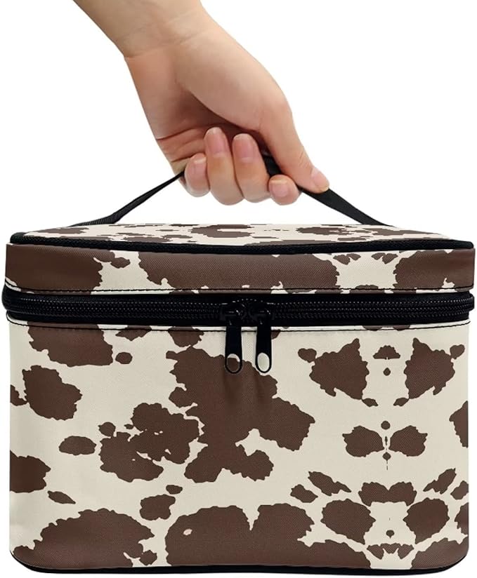 Drydeepin Cute Brown Cow Cowhide Design Travel Makeup Bags for Women and Portable Tote Cosmetic Case with Carry Handle Toiletry Accessories Storage Organizer Bags