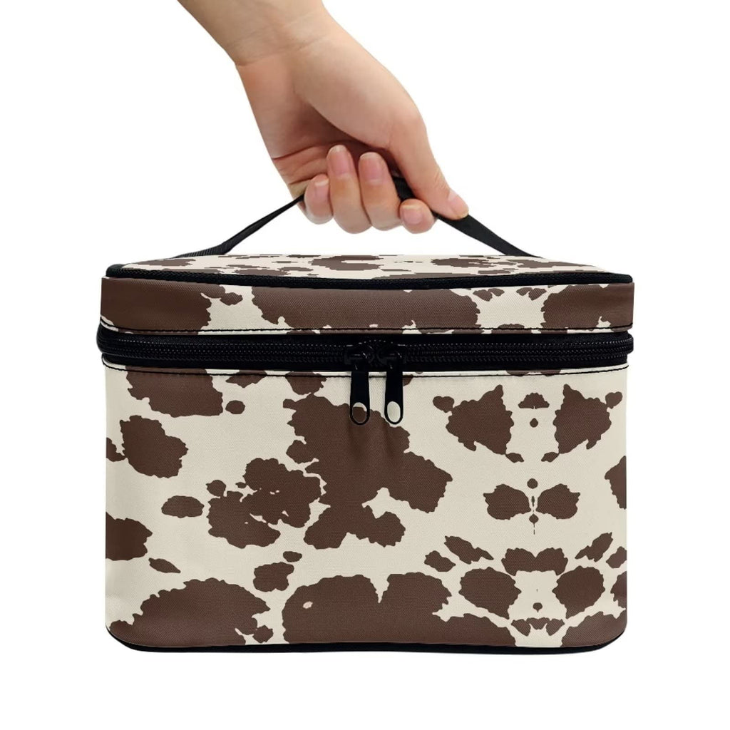 Drydeepin Cute Brown Cow Cowhide Design Travel Makeup Bags for Women and Portable Tote Cosmetic Case with Carry Handle Toiletry Accessories Storage Organizer Bags