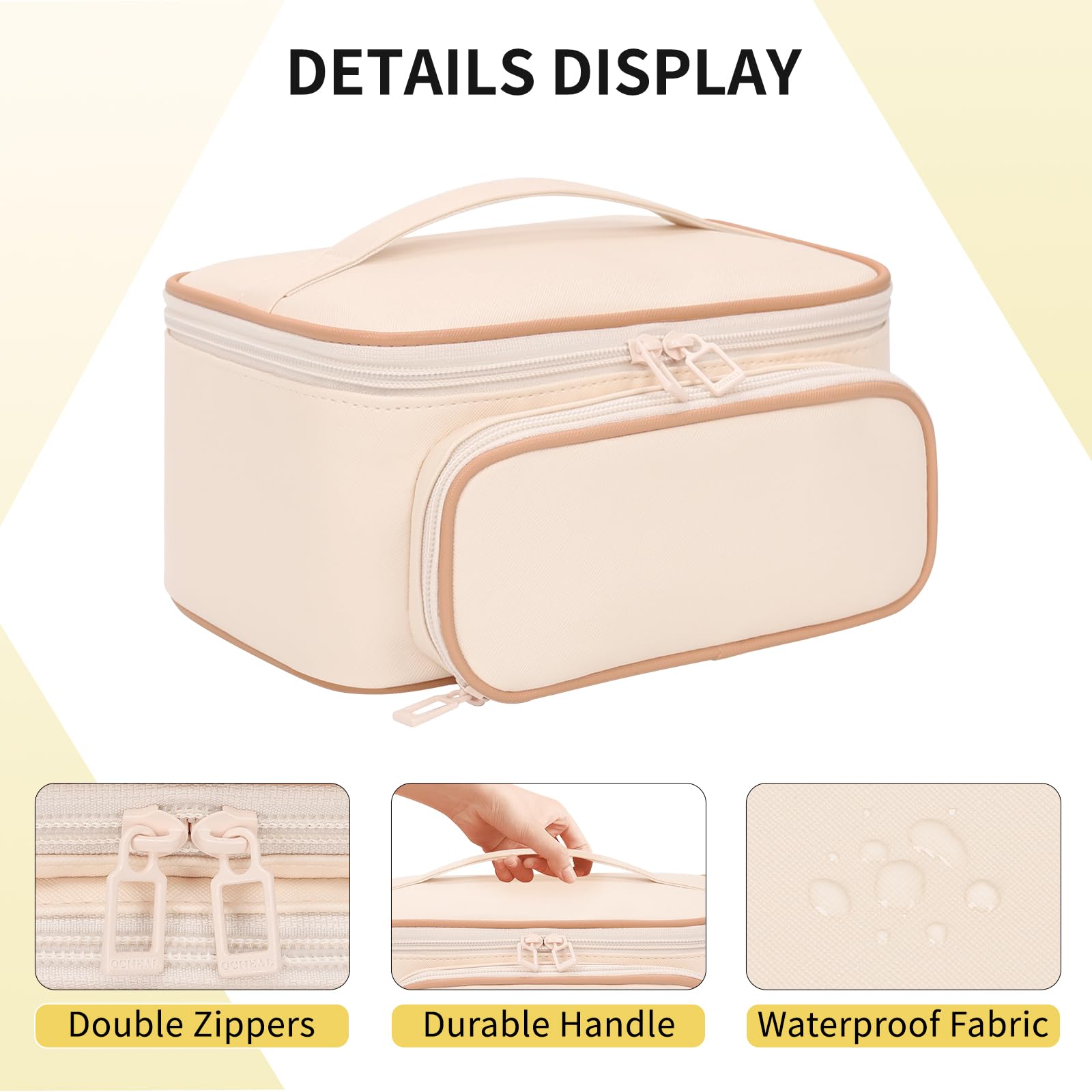 OCHEAL Makeup Bag, Multifunctional Large Cosmetic Organizer Toiletry Brushes Storage Case for Women Girls with Handle Divider - Beige