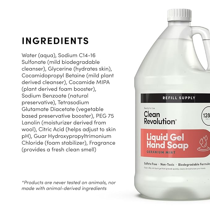 Clean Revolution Liquid Gel Hand Soap Refill with Real Essential Oils – Sulfate-Free Gel Hand Wash, Moisturizing Bulk Refill, Non-Toxic Formula, Made in the USA (Geranium Mint) 128 Fl Oz