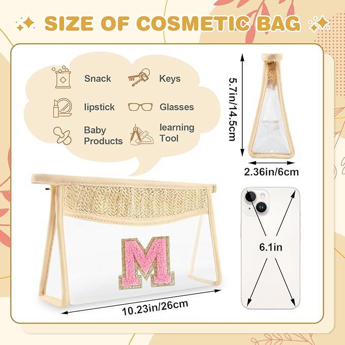 Small Boho Straw Initial Letter Makeup Bag Personalized Gift,Cute Clear Chenille Patch Makeup Bag With Zipper,Trendy TSA Approved Travel Toiletry Bag,Gift for Women Girls Birthday Friend, Letter M