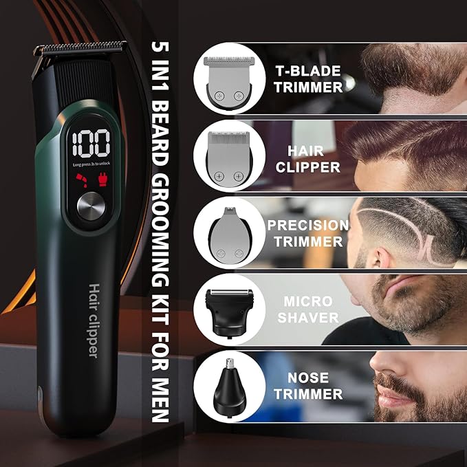 RUIBO Beard Trimmer for Men, 5-in-1 Cordless Hair Clipper Kit with Foil Razor, Waterproof Body, Nose & Ear Groomer, Precision Trimming for Beard, Hair & Body Care