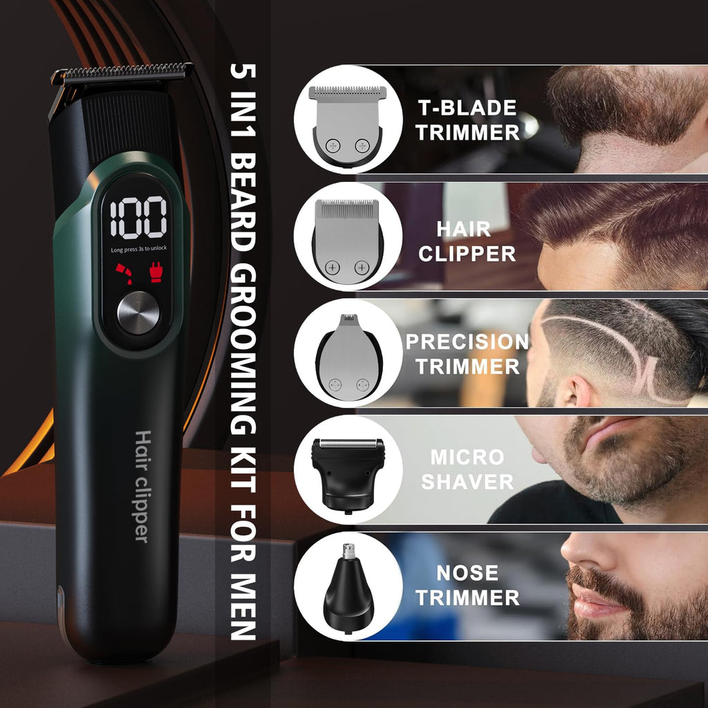 RUIBO Beard Trimmer for Men, 5-in-1 Cordless Hair Clipper Kit with Foil Razor, Waterproof Body, Nose & Ear Groomer, Precision Trimming for Beard, Hair & Body Care