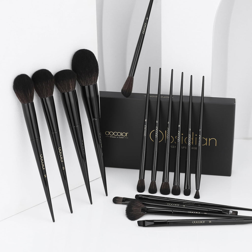 Docolor Makeup Brushes 15Pcs Obsidian Makeup Brush Set Premium Synthetic Powder Kabuki Foundation Contour Blush Concealer Eye Shadow Blending Eyeliner Crease Eyebrow Make Up Brush Kit