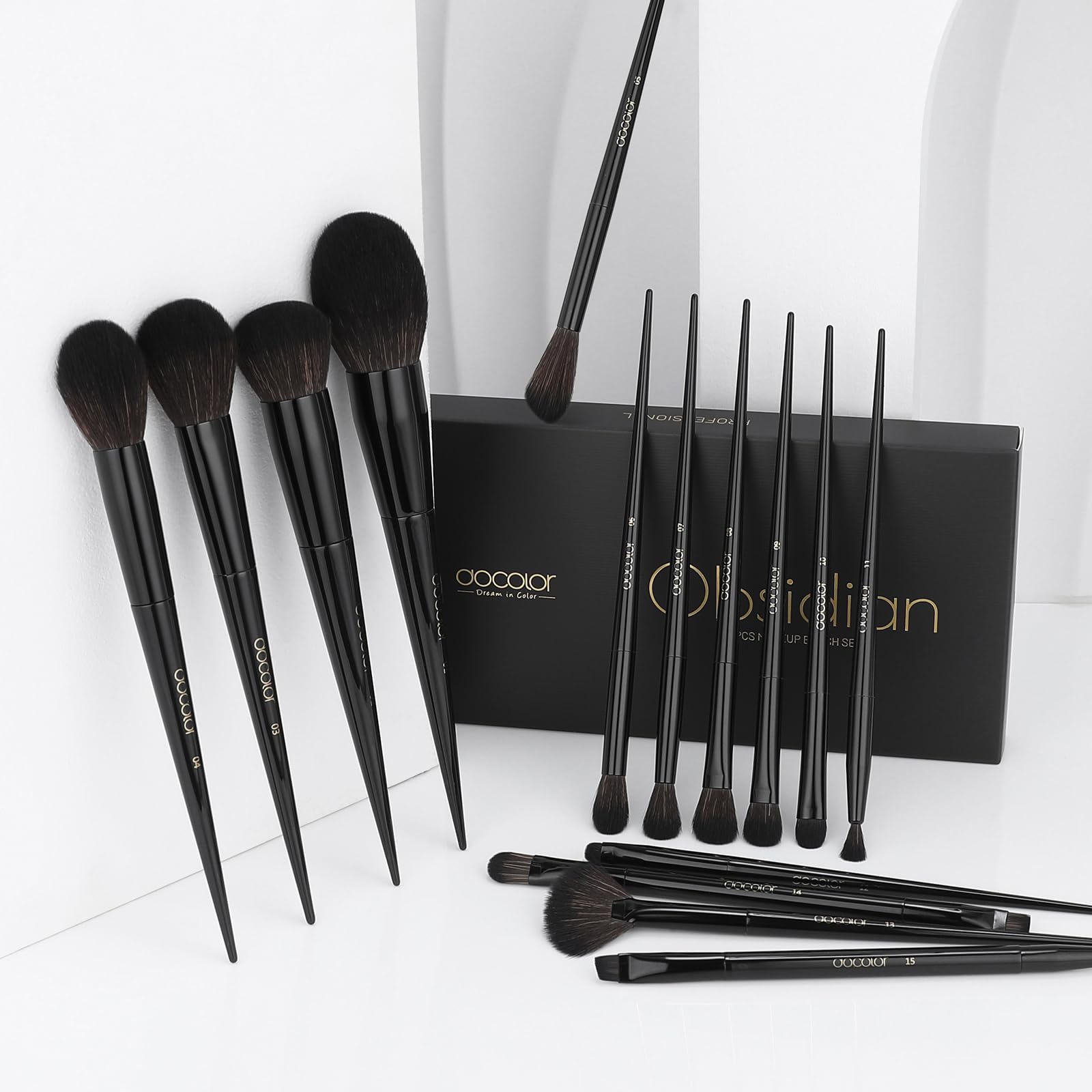 Docolor Makeup Brushes 15Pcs Obsidian Makeup Brush Set Premium Synthetic Powder Kabuki Foundation Contour Blush Concealer Eye Shadow Blending Eyeliner Crease Eyebrow Make Up Brush Kit