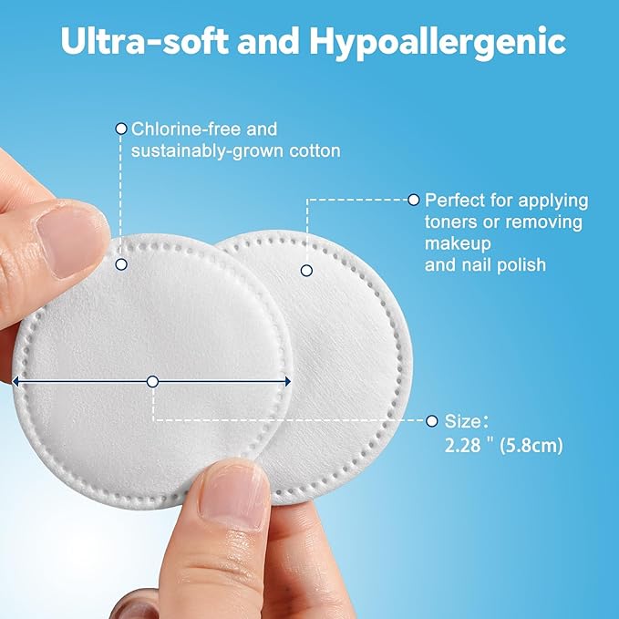 Cotton Rounds for Facial Cleansing and Nail Polish Removal (300count) - 100 Count, Pack of 3,100% Pure Cotton, Hypoallergenic Makeup Remover Pads, Lint-Free Multi-Layer Design