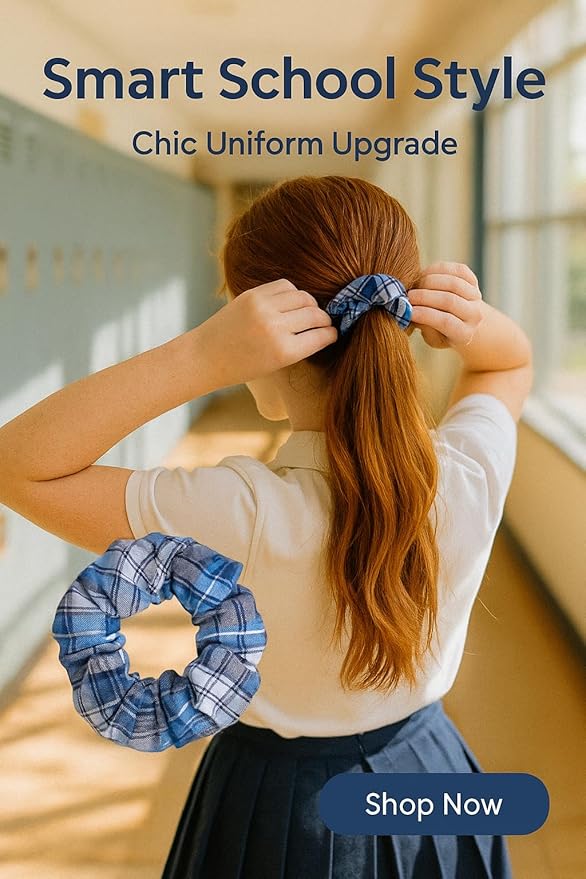 ClassExceed School Uniform Plaid, Plaid Scrunchie, Back to school, handmade school uniform hair accessories (Lt blue white Navy Plaid76)