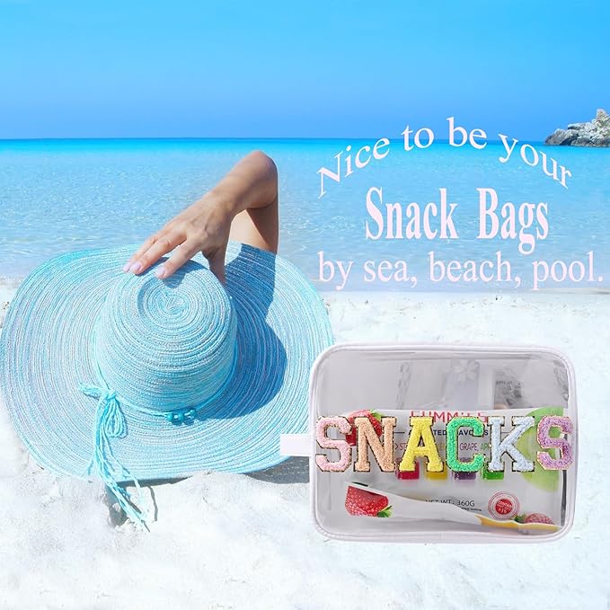 YogoRun Clear Large Chenile Letter Snack Bag Travel Essentials Clear Toiletry Bag for Travelling Make Up Bag Women Cosmetic Organizer (XL,White-Snacks)