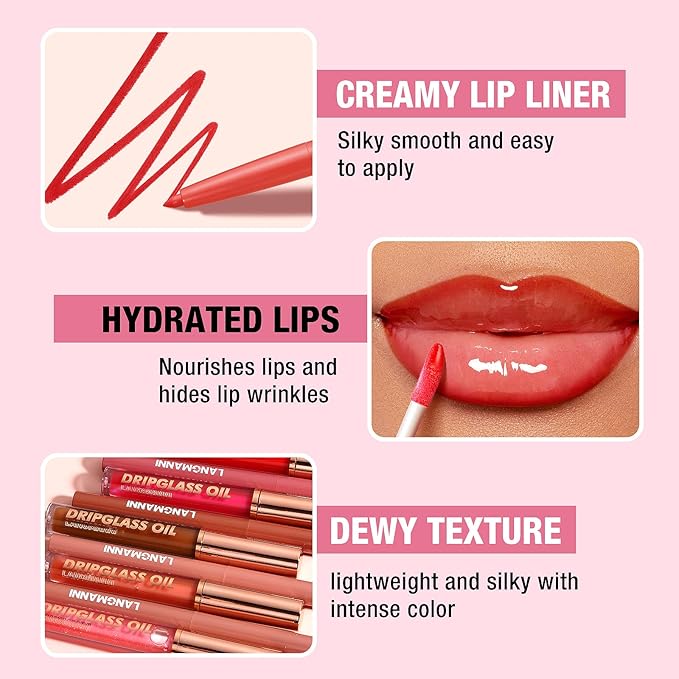 Jolilab Matte Lip Liner Lip Oil Set, Lip Makeup Set Natural Smooth Long-Lasting And Hydrating Beauty Daily Cosmetics Gift for Women Easy-to-Use（10pcs）