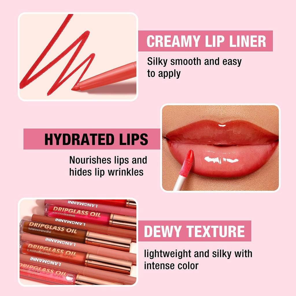 Jolilab Matte Lip Liner Lip Oil Set, Lip Makeup Set Natural Smooth Long-Lasting And Hydrating Beauty Daily Cosmetics Gift for Women Easy-to-Use（10pcs）