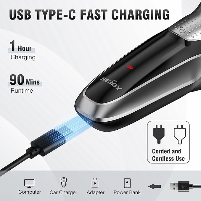 Sejoy Men's Electric Shaver, Men's Shaver, Men's Beard Shaver, Wireless Electric Shavers, IPX7 Waterproof, with Pop-Up Trimmer, 80,000 Power: 1 Hour Fast Charging-3D Floating Head, Black
