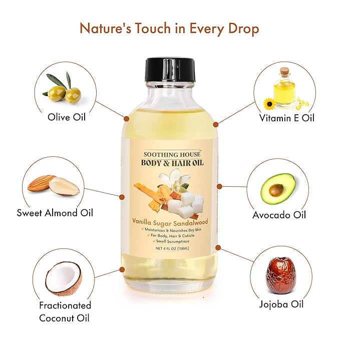Soothing House Vanilla Sugar Sandalwood Body & Hair Oil – Inspired Warm Gourmand Scent – Hydrating & Nourishing Oil for Skin, Hair & Cuticles – Lightweight, Fast-Absorbing, 4 fl oz