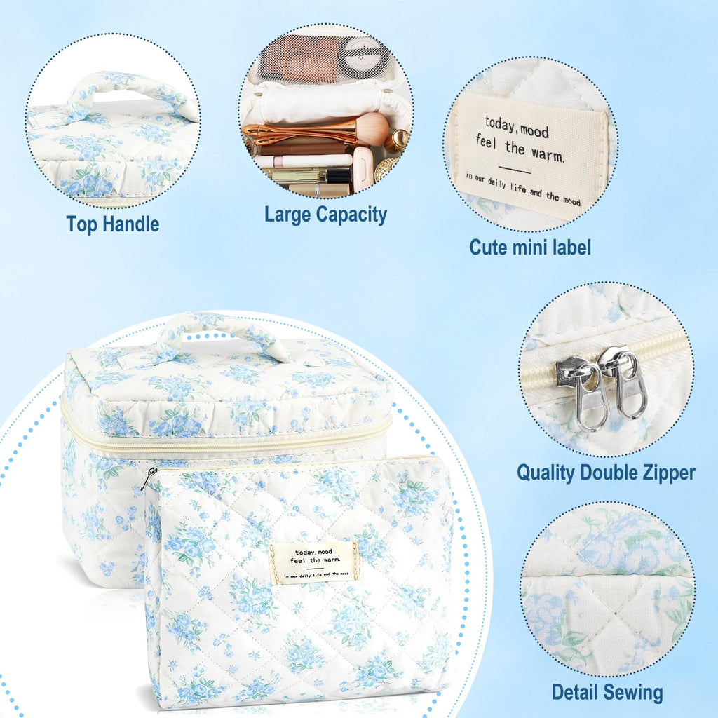 URSKYTOUS 2Pcs Cotton Quilted Makeup Bag for Women Girls Large Small Travel Floral Cosmetic Bags Set Cute Coquette Zipper Makeup Pouch for Purse Aesthetic Cloth Flower Storage Toiletry Bag Organizer