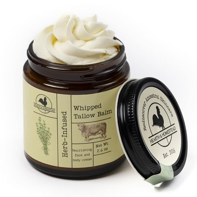Hearth & Homestead Whipped Beef Tallow for Skin & Face - 100% Grass Fed, Eczema Cream & Body Butter - Organic Olive Oil, Calendula & Rose - Lotion & Hand Moisturizer for Dry Skin, Unscented, 2.6oz