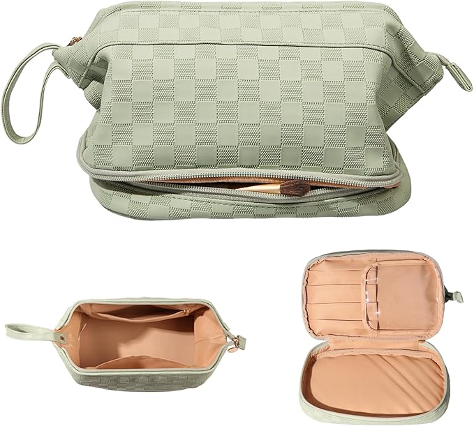 Abiudeng Large Makeup Bag for Women,Travel Makeup Organizer with Brush Holder, Dopp Kit Essentials,Waterproof Checkered Cosmetic Bag for Traveling,Multi Compartment,Cute,Spacious Capacity-Green