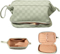 Abiudeng Large Makeup Bag for Women,Travel Makeup Organizer with Brush Holder, Dopp Kit Essentials,Waterproof Checkered Cosmetic Bag for Traveling,Multi Compartment,Cute,Spacious Capacity-Green