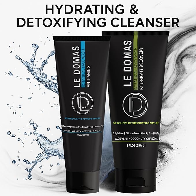 LE DOMAS Body Wash & Face Wash Set for Men & Women – Natural Skincare with Aloe Vera, Rice & Coconut Charcoal, Hydrating Moisturizer & Oil Cleanser, Travel Size Skin Care Products for All Skin Types