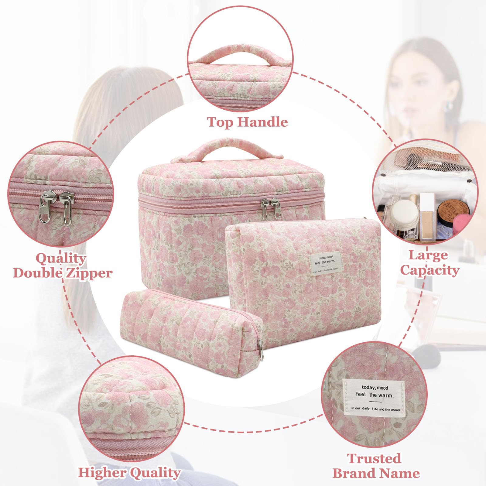 Gosect 3pc Makeup Bag Set, Quilted Makeup Bag Set, Large Floral Cosmetic Bag for Women, Cute Cotton Makeup Bags, Flower Travel Toiletry Organizer Bag (Pink Crushed flower)
