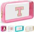 Small Clear Personalized Initial Makeup Bag, Preppy Nylon A-Z Chenille Letter Patch Makeup Organizer TSA Approved Travel Toiletry Bag,Waterproof Zip Beach Cosmetic Pouch Purse for Women(Pink-Pink T)