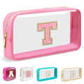 Small Clear Personalized Initial Makeup Bag, Preppy Nylon A-Z Chenille Letter Patch Makeup Organizer TSA Approved Travel Toiletry Bag,Waterproof Zip Beach Cosmetic Pouch Purse for Women(Pink-Pink T)