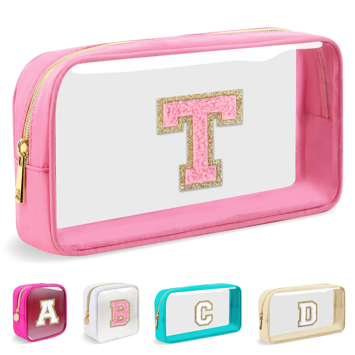 Small Clear Personalized Initial Makeup Bag, Preppy Nylon A-Z Chenille Letter Patch Makeup Organizer TSA Approved Travel Toiletry Bag,Waterproof Zip Beach Cosmetic Pouch Purse for Women(Pink-Pink T)