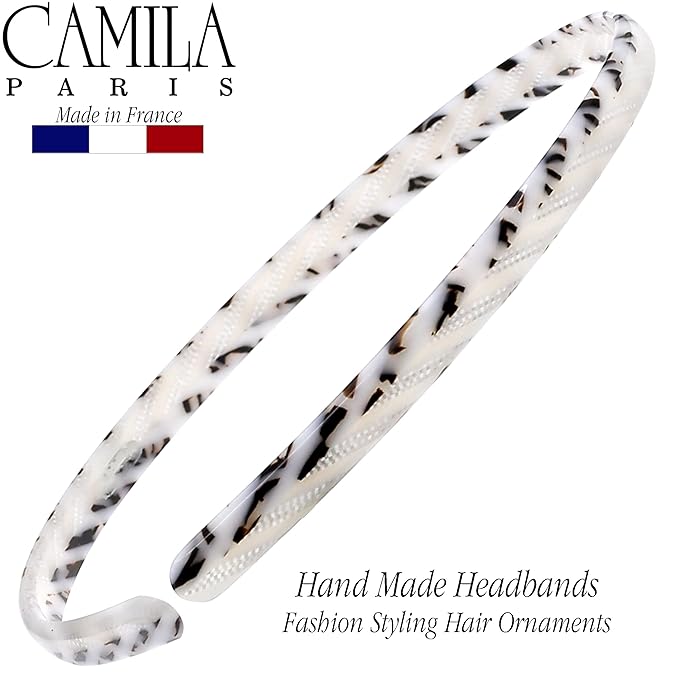 Camila Paris CP3471 French Headband for Women, Handmade White and Gray, Strong Hold Grip Women's Hair Band, Ligth and Very Flexible, No Slip Durable Styling Girls Hair Accessories, Made in France