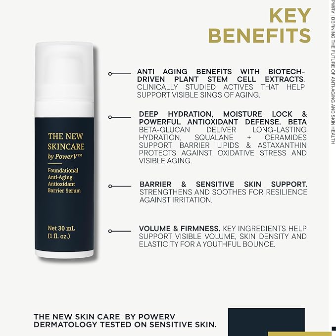 Regenerative Anti Aging Barrier Repair Face Serum for Sensitive Skin - Hydrating Face Moisturizer - Argan Moss Stem Cells - Astaxanthin, Ceramides, Beta Glucan, Squalane - Retinol Alternative - PowerV