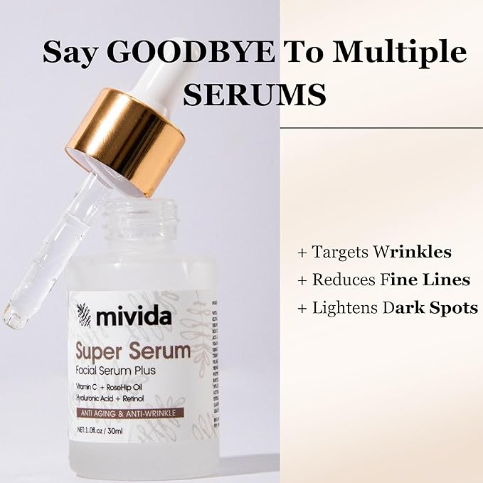 mivida 4-in-1 Anti-Aging Serum for face | Retinol, Vitamin C, Hyaluronic Acid & RoseHip Oil | multi benefit Face Serum – 1 Fl Oz
