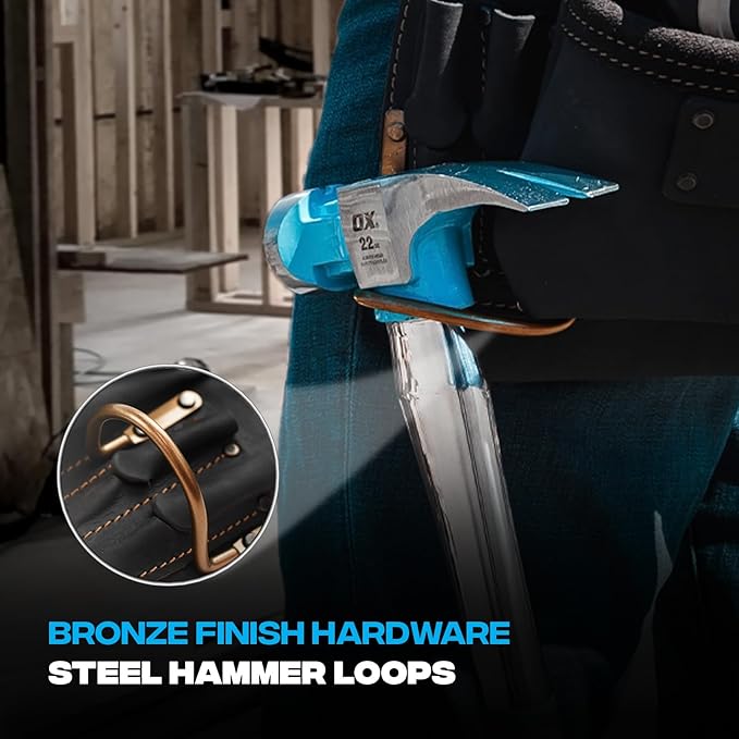 OX Pro Oil‑Tanned Leather Carpenter Tool Belt with Padded Suspenders & Dual Hammer Loops
