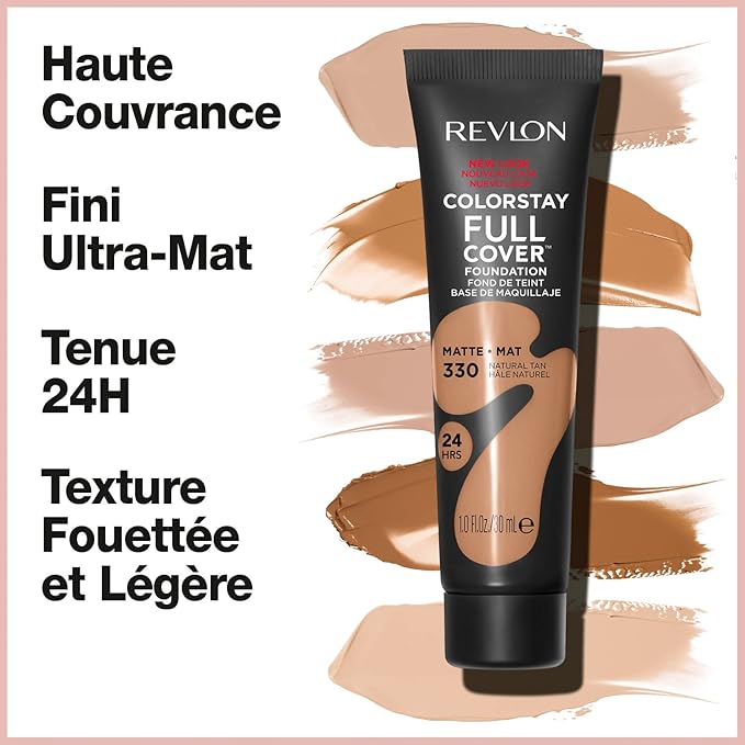 Revlon ColorStay Full Cover Longwear Matte Foundation, Heat & Sweat Resistant Lightweight Face Makeup, 320 True Beige, 1.0 fl oz