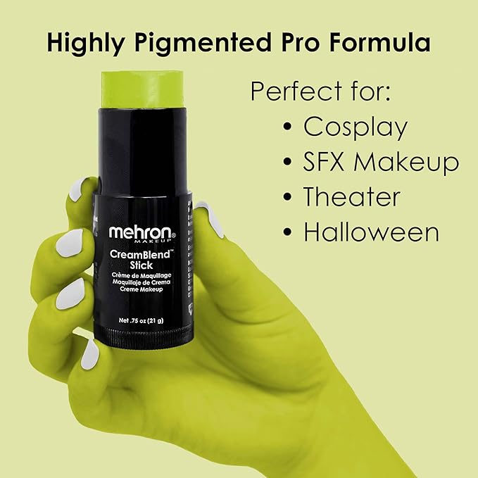 Mehron Makeup CreamBlend Stick | Face Paint, Body Paint, & Foundation Cream Makeup | Perfect for Halloween.75 oz (21 g) (Ogre Green) | Made in the USA