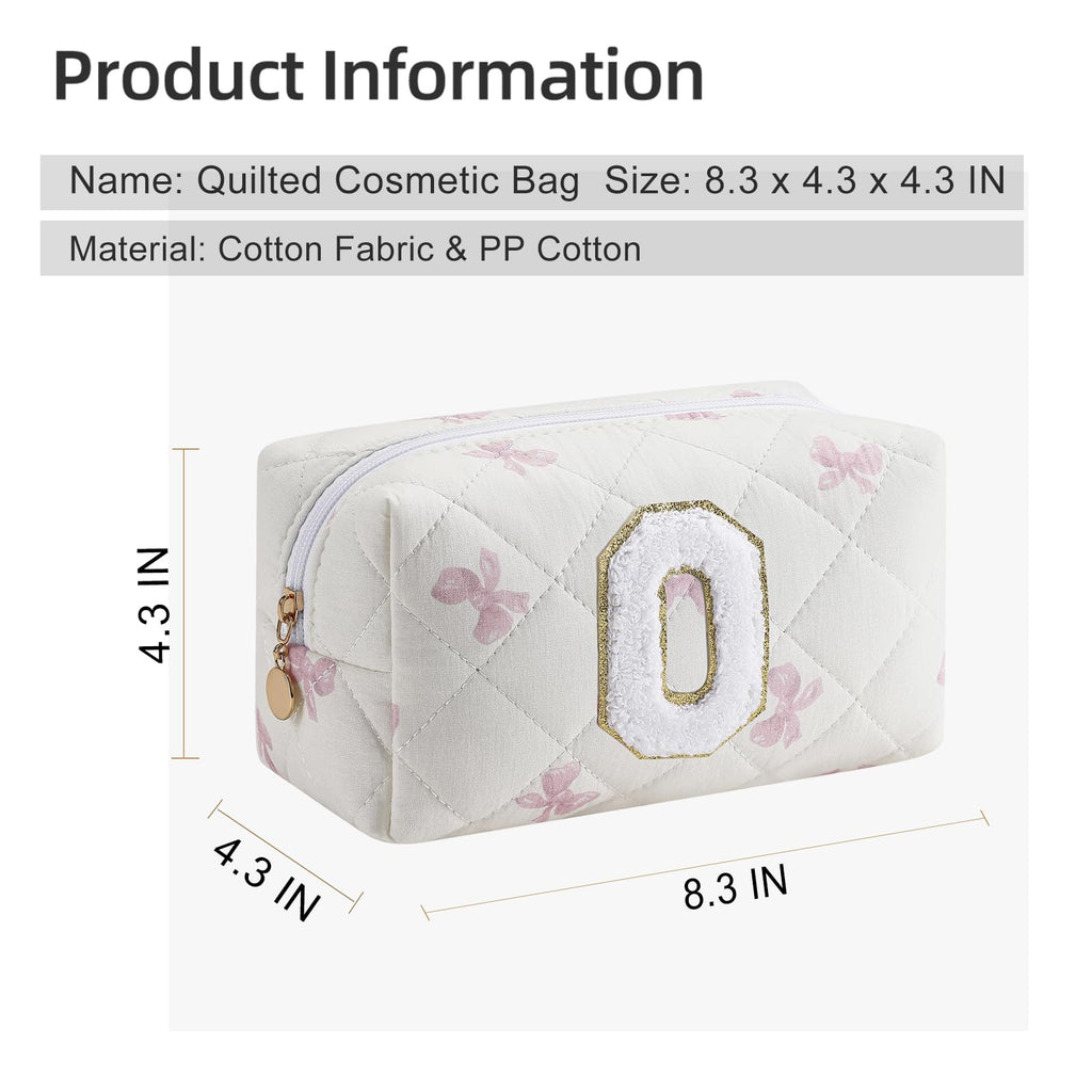 Gleyemor Personalized Initial Makeup Bag for Women, Cute Quilted Pink Floral Cotton Cosmetic Bag, Christmas Gifts for Her Mom Friend Sister Bridesmaid Teacher Women O