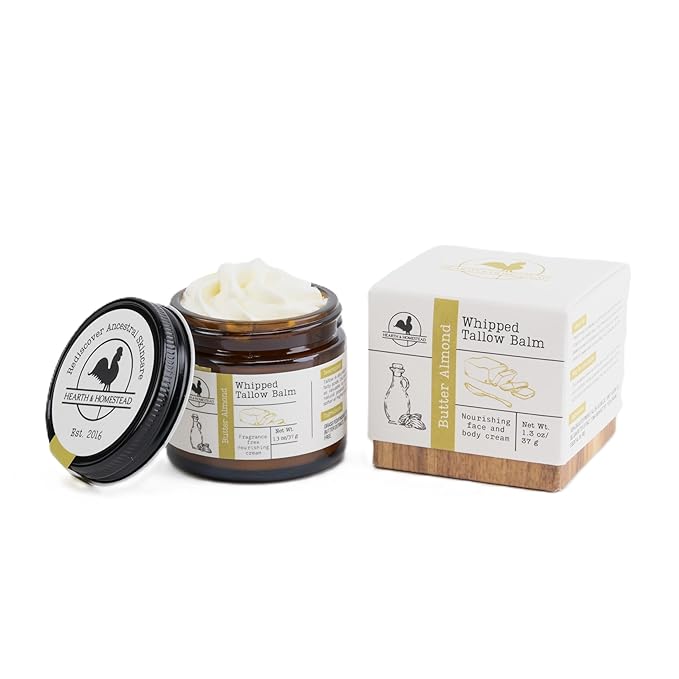 Hearth & Homestead Whipped Beef Tallow for Skin & Face, 100% Grass Fed, Eczema Cream & Body Butter, Organic Virgin Almond Oil, Lotion & Hand Moisturizer for Dry Skin, Butter Almond, 1.3oz