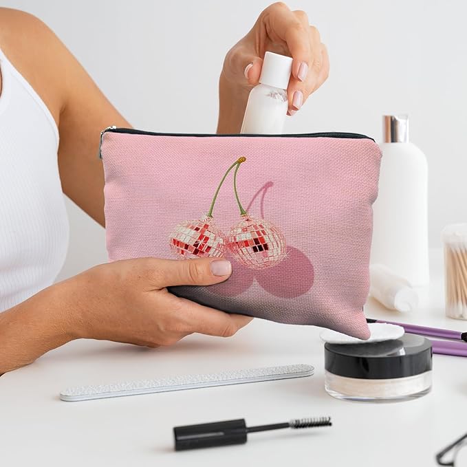 Likjad Cherry Makeup Bag - Preppy Hot Pink Disco Ball Gift for Women, Teachers, Teen Girls, and Sisters