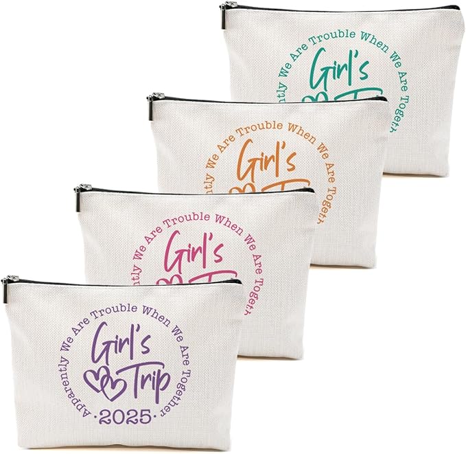 4 Pcs Girls Trip Gifts Favors, Girls Weekend Gifts Makeup Bag, Bestie Gifts Weekend Bag Toiletry Bag with Liner, Vacation Cosmetic Bag, Friendship Gifts for Women Best Friend Sister, Graduation Gifts