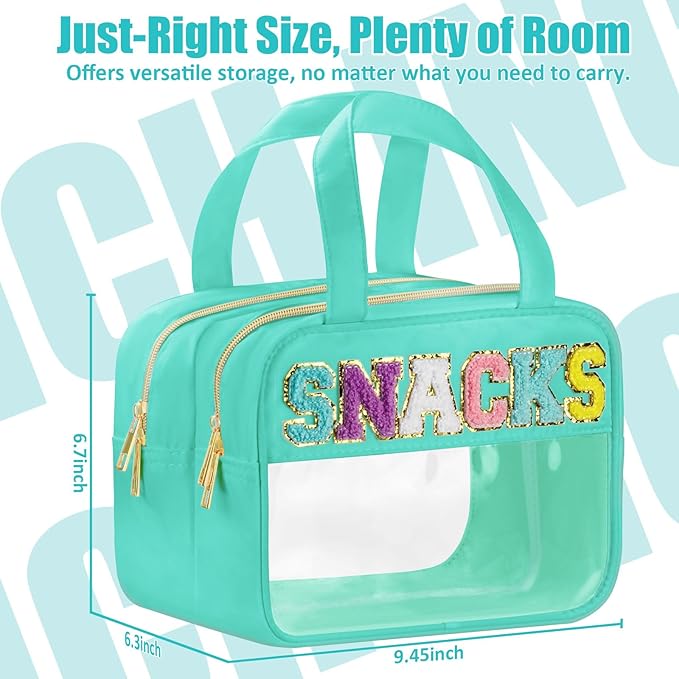 BuyCard Chenille Letter Clear Makeup Bags, Snacks Bag for Travel, Preppy Patch Nylon Cosmetic Bag with Handles and Zipper, Waterproof Large Clear Travel Toiletry Bag Storage Bag for Women Green