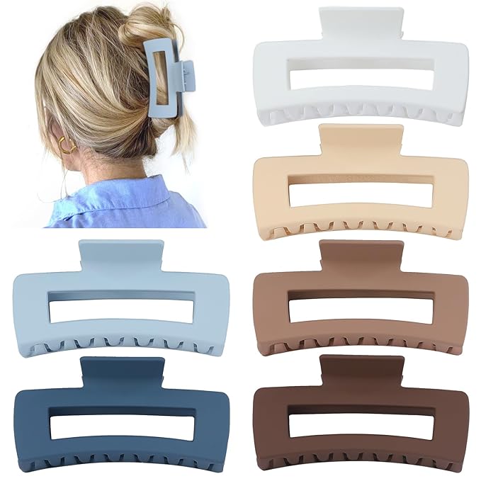 Sisiaipu 4 Inch Big Hair Claw Clips 6 Pcs Large Claw for Thick Hair Square Hair Clips for Women Rectangle Hair Clips Nonslip Acrylic Banana Jaw Clips Hair Accessories for Girls (Brown Blue)
