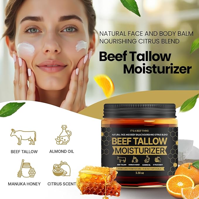 Tallow and Honey Balm for Skin & Face - 100% Grass-Fed Organic Whipped Beef Tallow Moisturizer with Manuka Honey, Sweet Almond Oil & Light Citrus Scent - Deep Barrier Repair & Body Butter (3.38 oz)