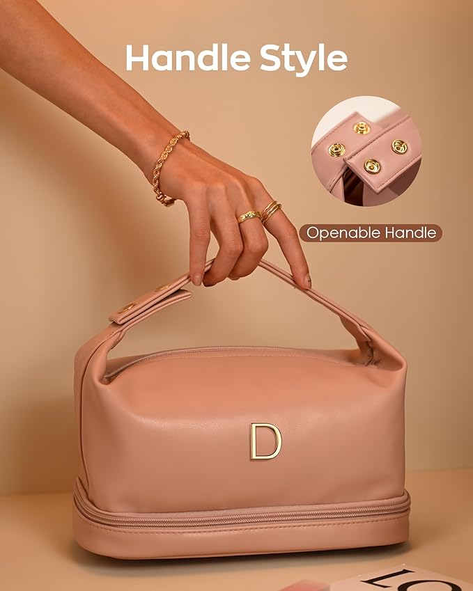 Gifts for Her, Personalized Makeup Bag with Handle, Initial Cute Cosmetic Bag with Makeup Brush Organizer, Mermaid Gift-PU Leather Travel Toiletry Bag, Gifts for Friends Female Mom