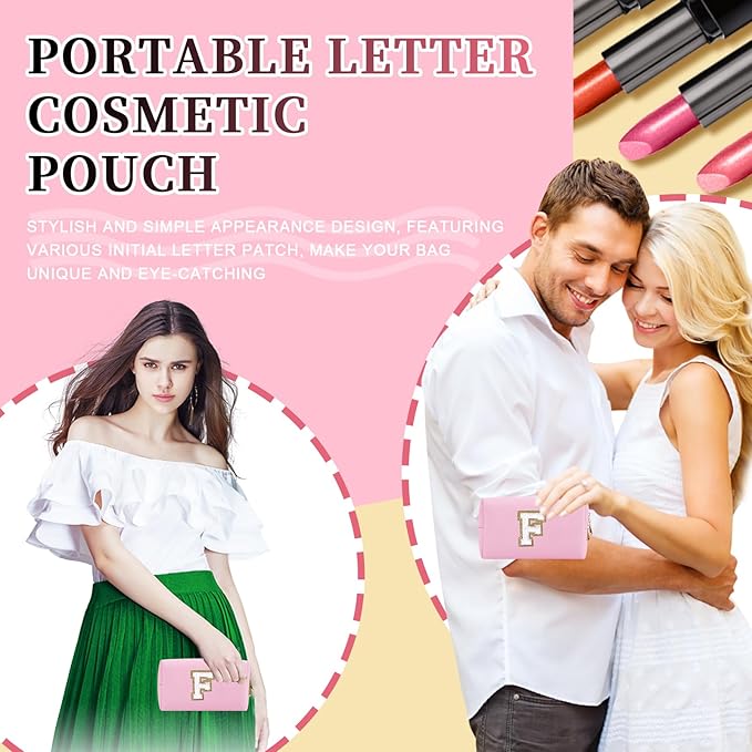 Iqimott,Personalized Initial Letter Patch Makeup Bag, Preppy Portable Chenille Letter Cosmetic Bag with Zipper, PU Leather Travel Toiletry Bag Monogram Make Up Pouch for Women Girls(Letter F)